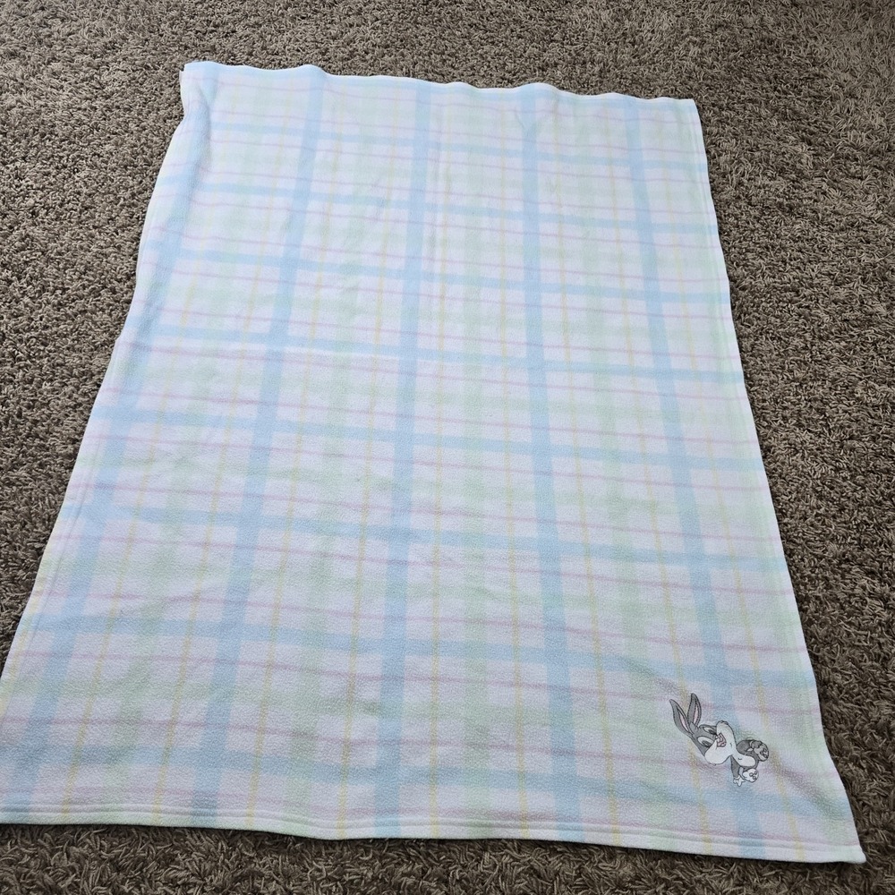 VTG Looney Tunes Baby Bugs Bunny Embroidered Pastel Plaid Fleece Baby Blanket‎